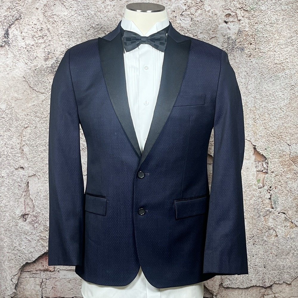 Ryan Seacrest Distinction Men's 40R Blue Black Two Button Blazer Tux Jacket Peak
